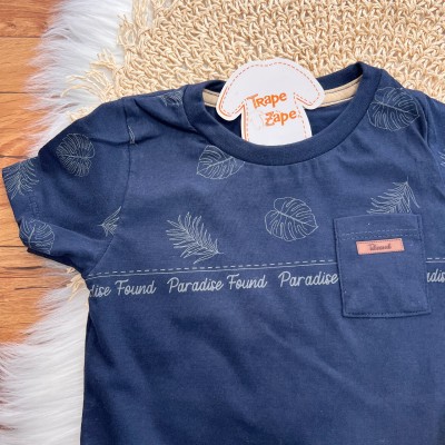 Conj. Camiseta Found Paradise e Bermuda em Moletinho - Marinho e Caramelo